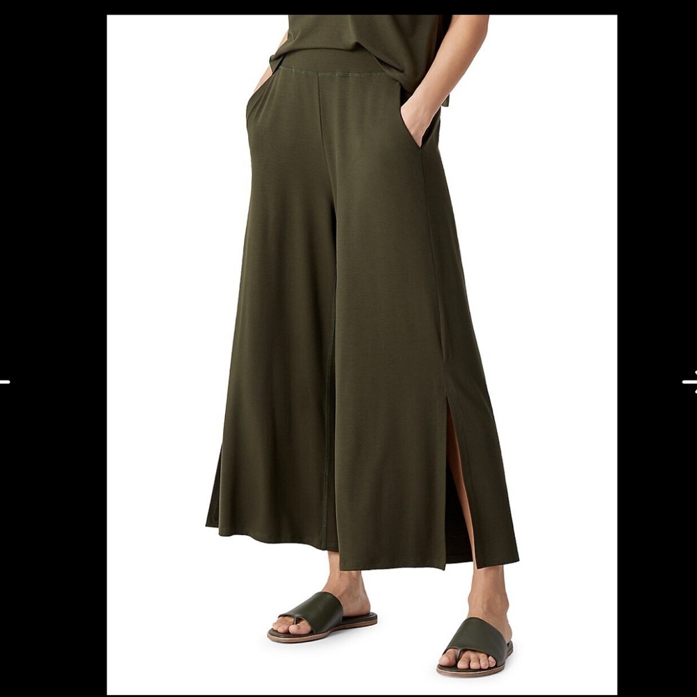 Eileen Fisher Fine Jersey Wide Leg Cropped Slit Pants Black Women's Size L - Picture 3 of 13